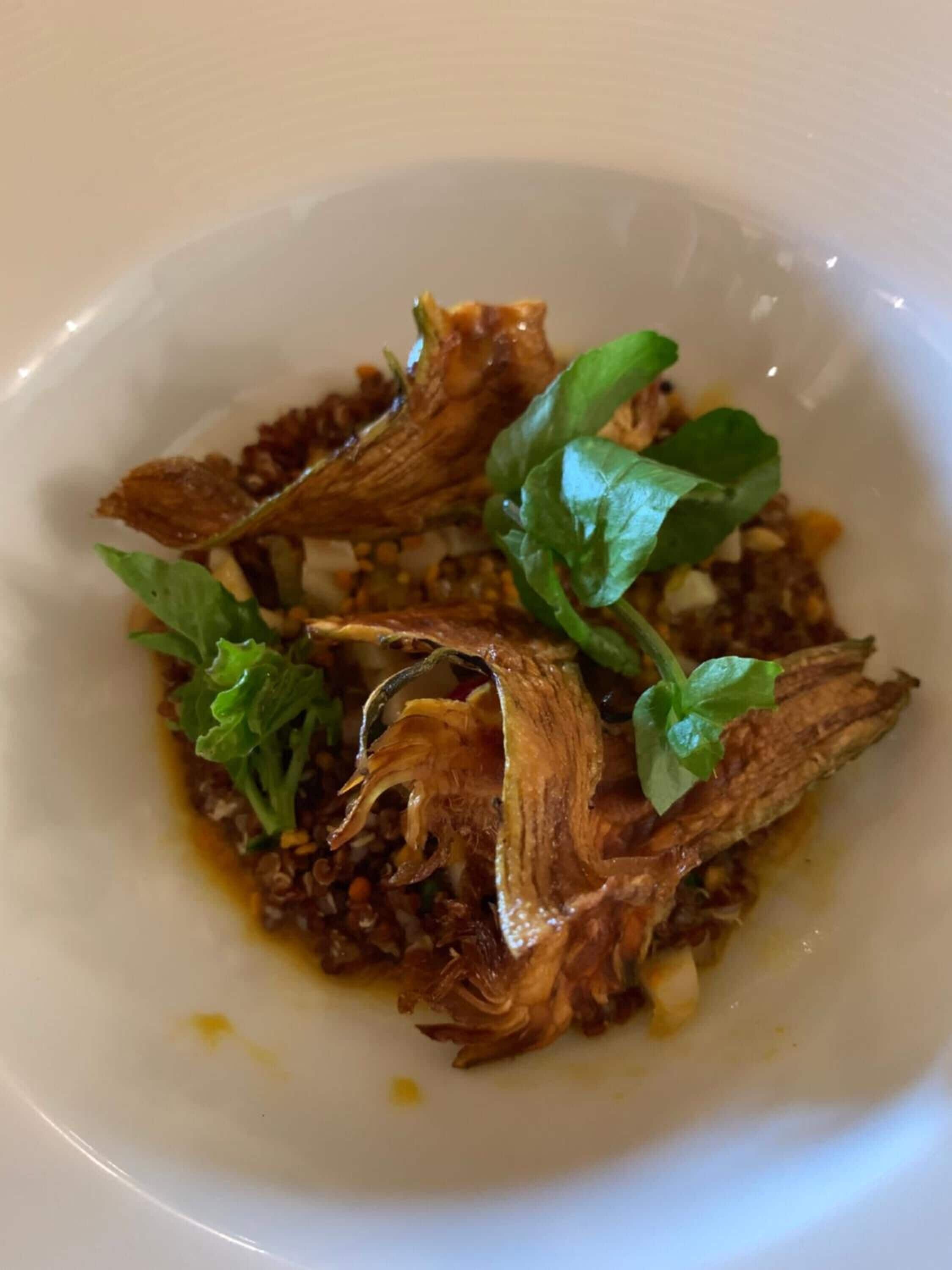 Un plato blanco con un guiso de pescado desmenuzado, algunas verduras y salsa.