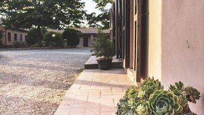 A courtyard with a potted succulent plant, a paved walkway, and a building with a window and door. - Country Resort Al Poggio dei Papi (Citta della Pieve)