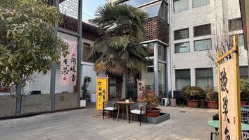 An outdoor seating area with tables and chairs, surrounded by potted plants and a palm tree.