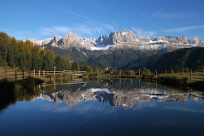 A mountain landscape with a clear reflection in a calm body of water, surrounded by a wooden fence. - Berghotel Pine (Tires)