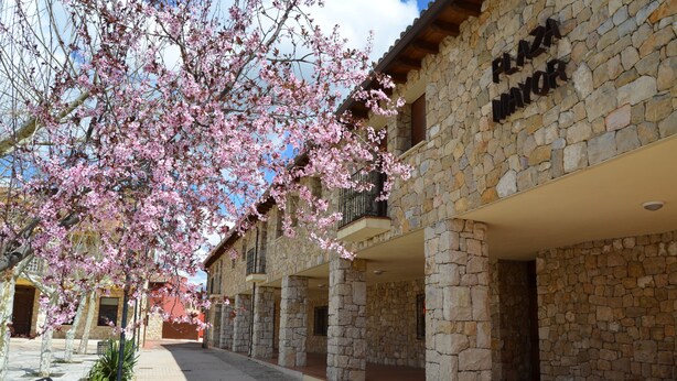 A stone building with balconies and a tree with pink blossoms. - Hotel Rural Luna Llena (Torremocha de Jarama)