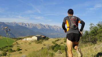 A runner on a trail with mountains in the background.