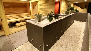 Zona de sauna con bancos de madera y un mostrador con plantas.