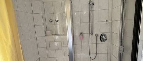 A modern bathroom with a glass-enclosed shower, a toilet, and a towel rack.
