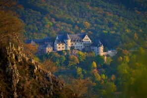 A large, historic building with multiple towers and a castle-like appearance, surrounded by dense, autumn-colored trees. - Ebernburg (Bad Kreuznach)