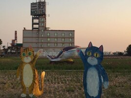 Dos esculturas grandes de gatos en un campo abierto, con un edificio y un cartel publicitario al fondo.