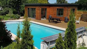 Outdoor pool, pool umbrellas, pool loungers