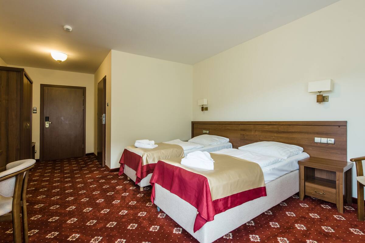 Habitación de hotel con dos camas, un cabecero de madera, una mesita de noche pequeña de madera, una silla y una alfombra estampada.