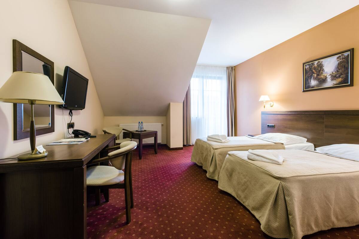 Habitación de hotel con escritorio, dos camas, una silla, televisión y un cuadro en la pared.