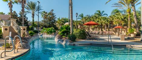 Seasonal outdoor pool, pool umbrellas, pool loungers