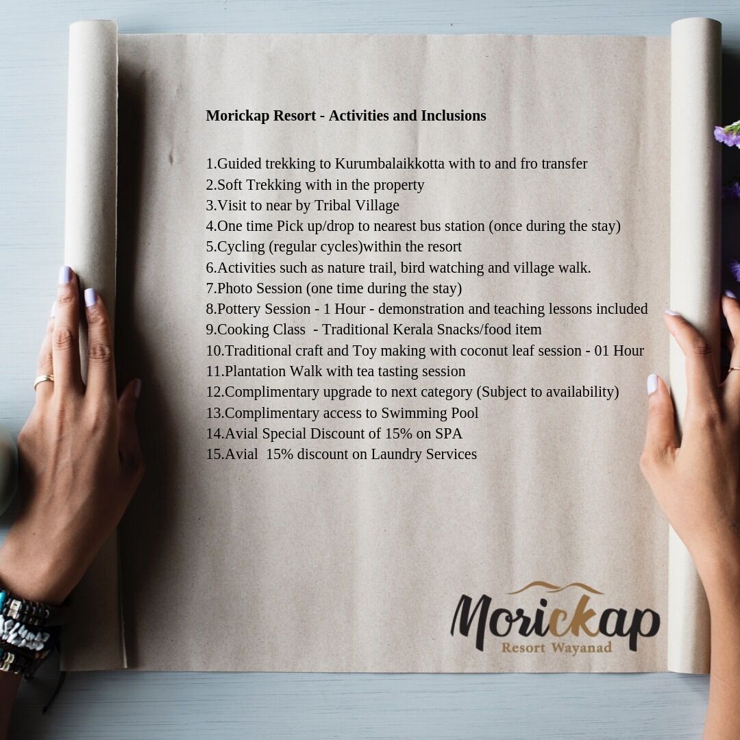 A brochure for Morickap Resort outlining activities and inclusions such as trekking, pottery sessions, and discounts.