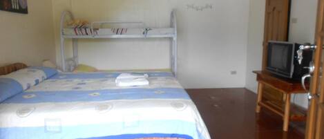 A bedroom with a bunk bed, a television on a wooden stand, and a painting on the wall.