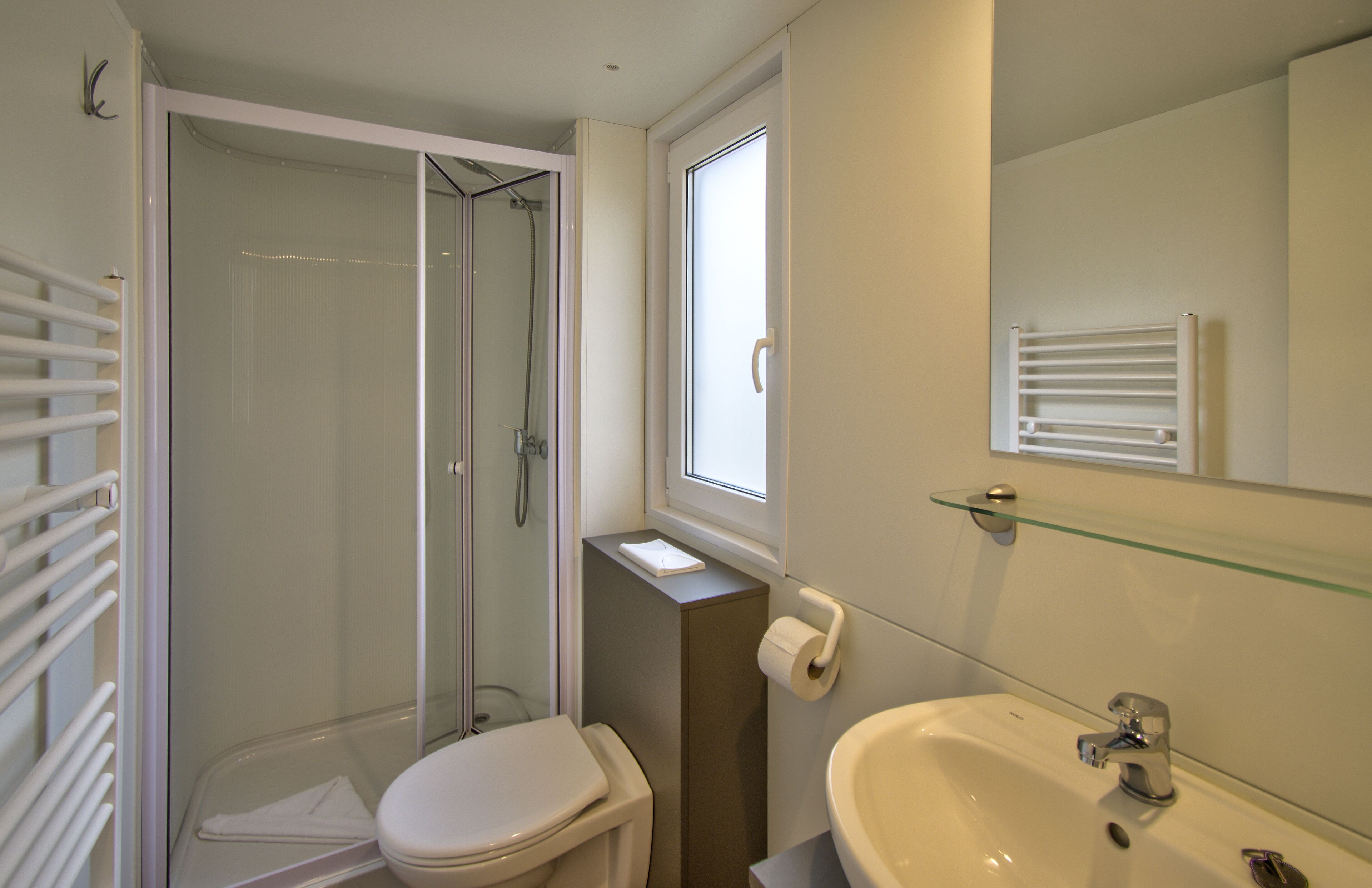 Une salle de bain avec une douche à parois de verre, des toilettes, un lavabo et un miroir.