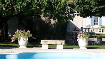 Seasonal outdoor pool, pool umbrellas, pool loungers