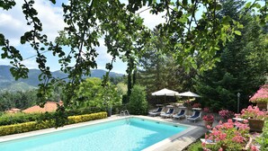 A swimming pool with lounge chairs and umbrellas, surrounded by greenery and mountains in the background. - Villa La Fonte for 12 (San Godenzo)