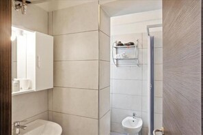 Hair dryer, towels, shampoo