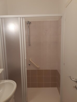 Hair dryer, towels, shampoo, toilet paper