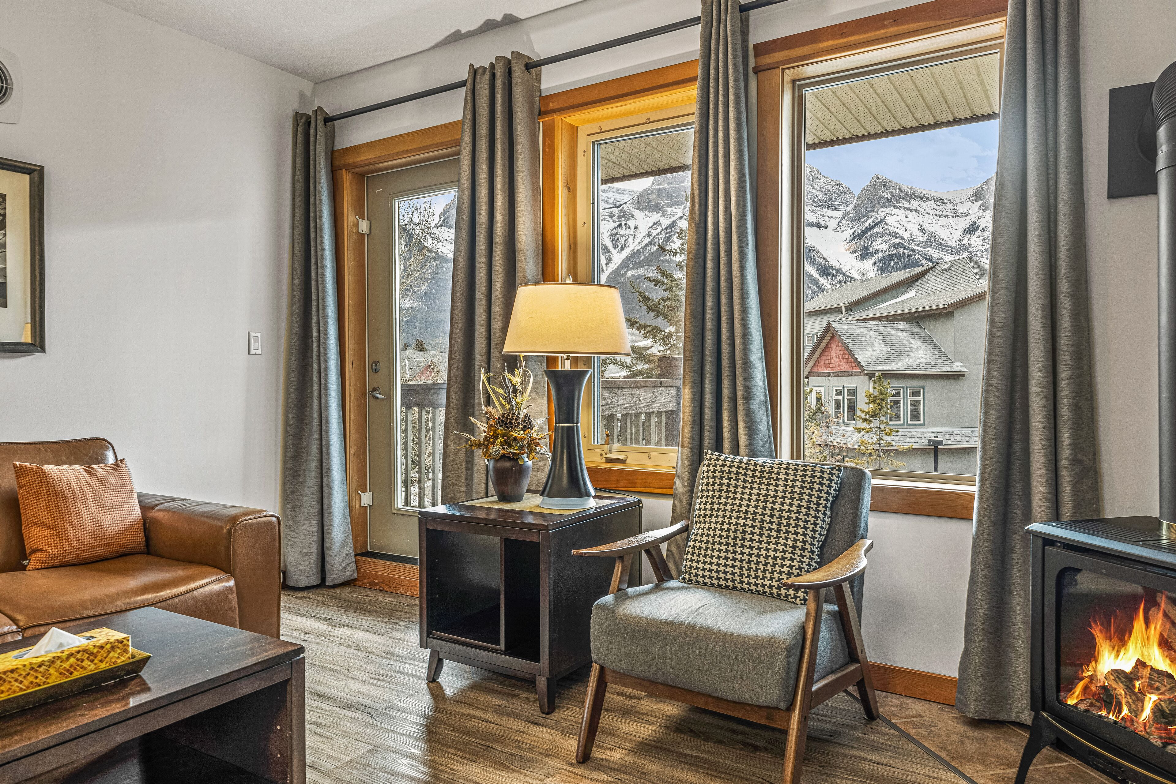 TV, fireplace, books