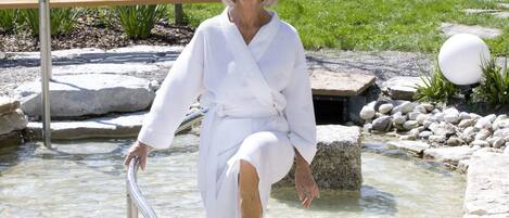 Seasonal outdoor pool, pool umbrellas, pool loungers