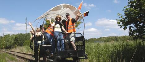 A group of people on a train with a canopy, traveling on railway tracks surrounded by greenery.