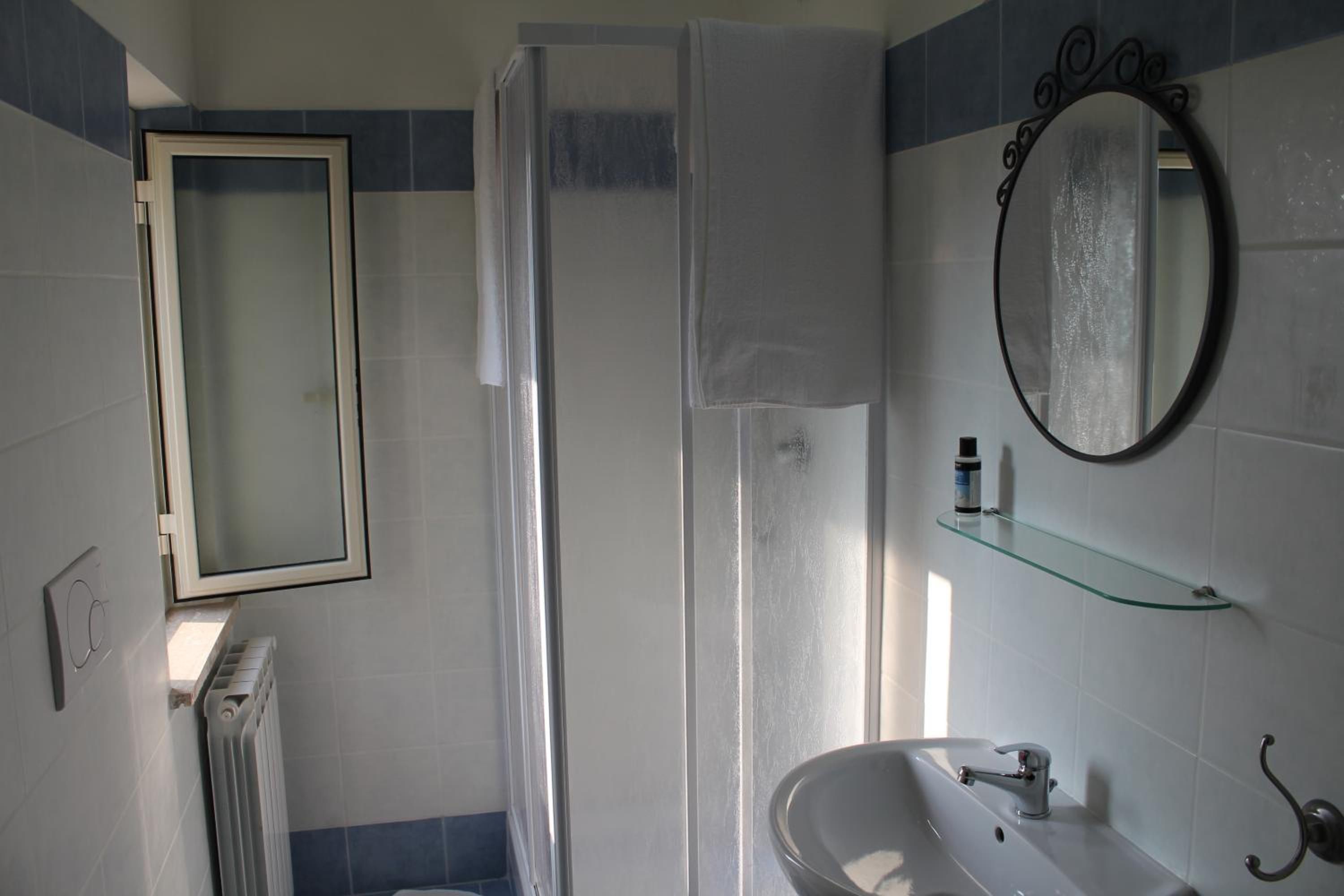 A bathroom with a shower, a sink, a mirror, and a radiator.
