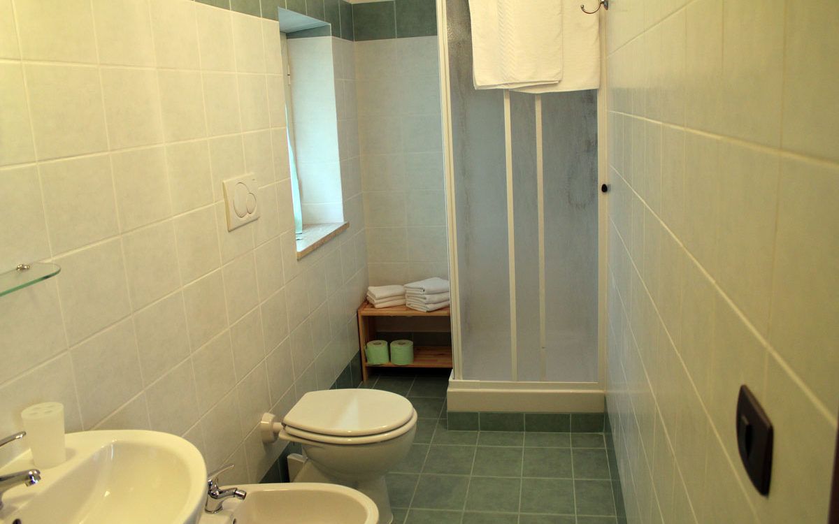 A bathroom with a toilet, sink, and shower area.