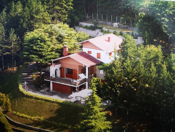 A two-story house with a red roof, surrounded by dense forest.