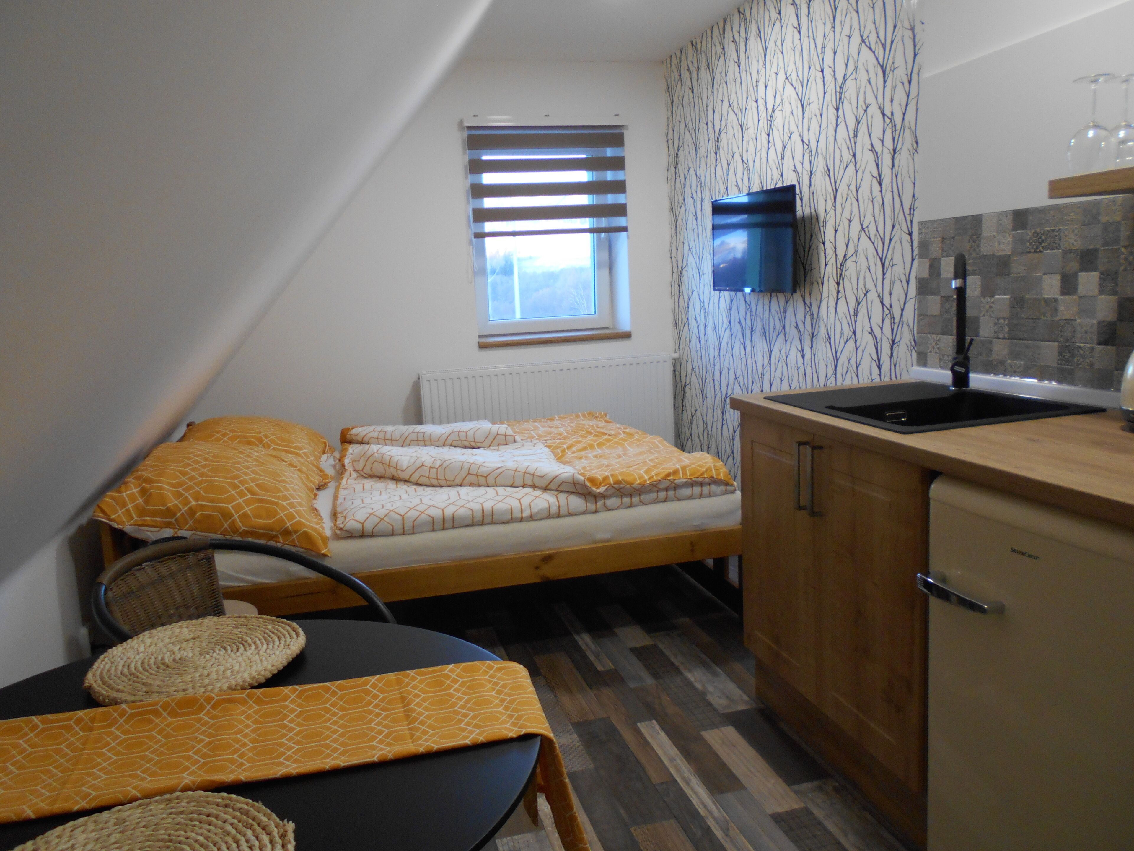 A compact room with a bed, a small table, a chair, a kitchen area with a sink, and a TV mounted on the wall.