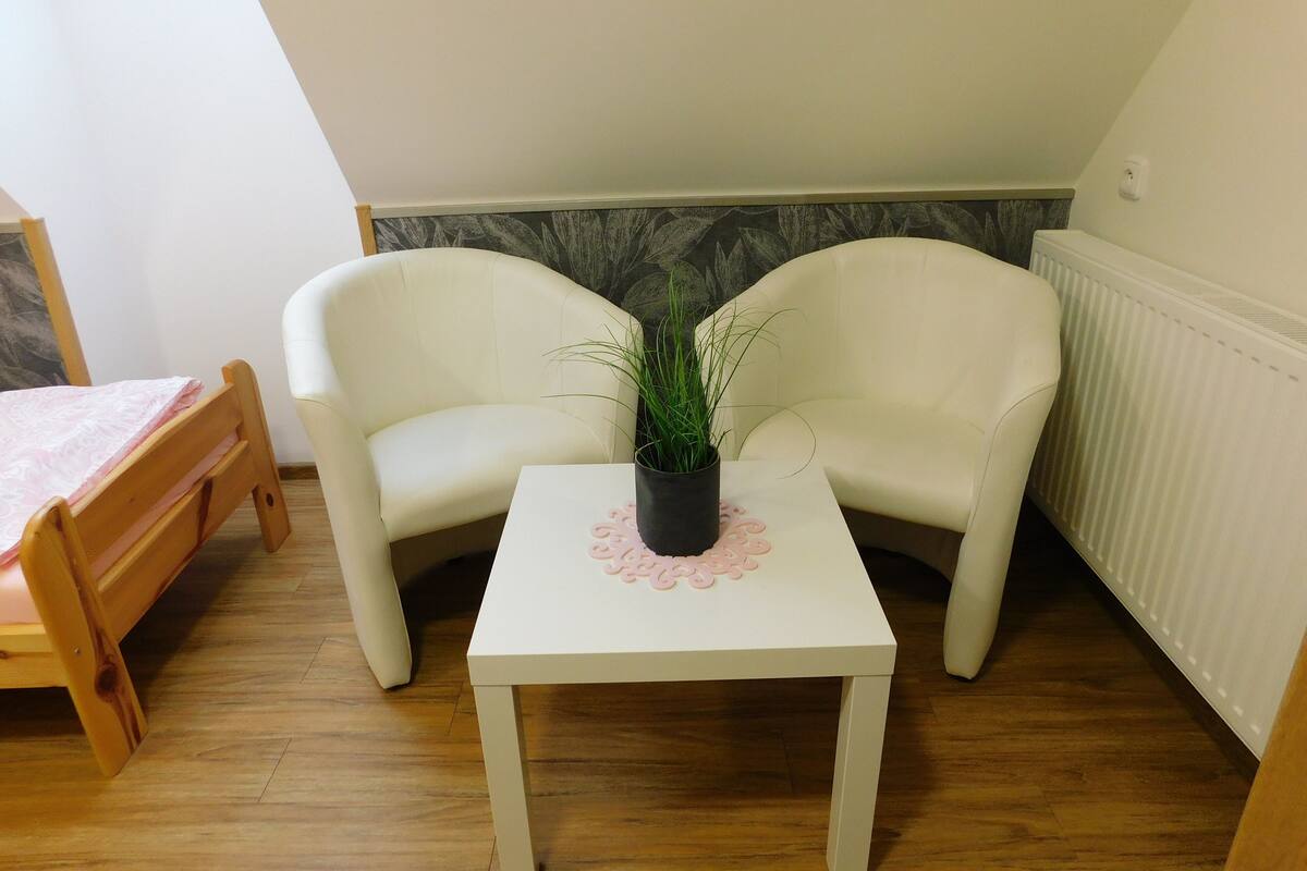 A small room with a wooden bed, two white armchairs, a white table with a potted plant, and a radiator.