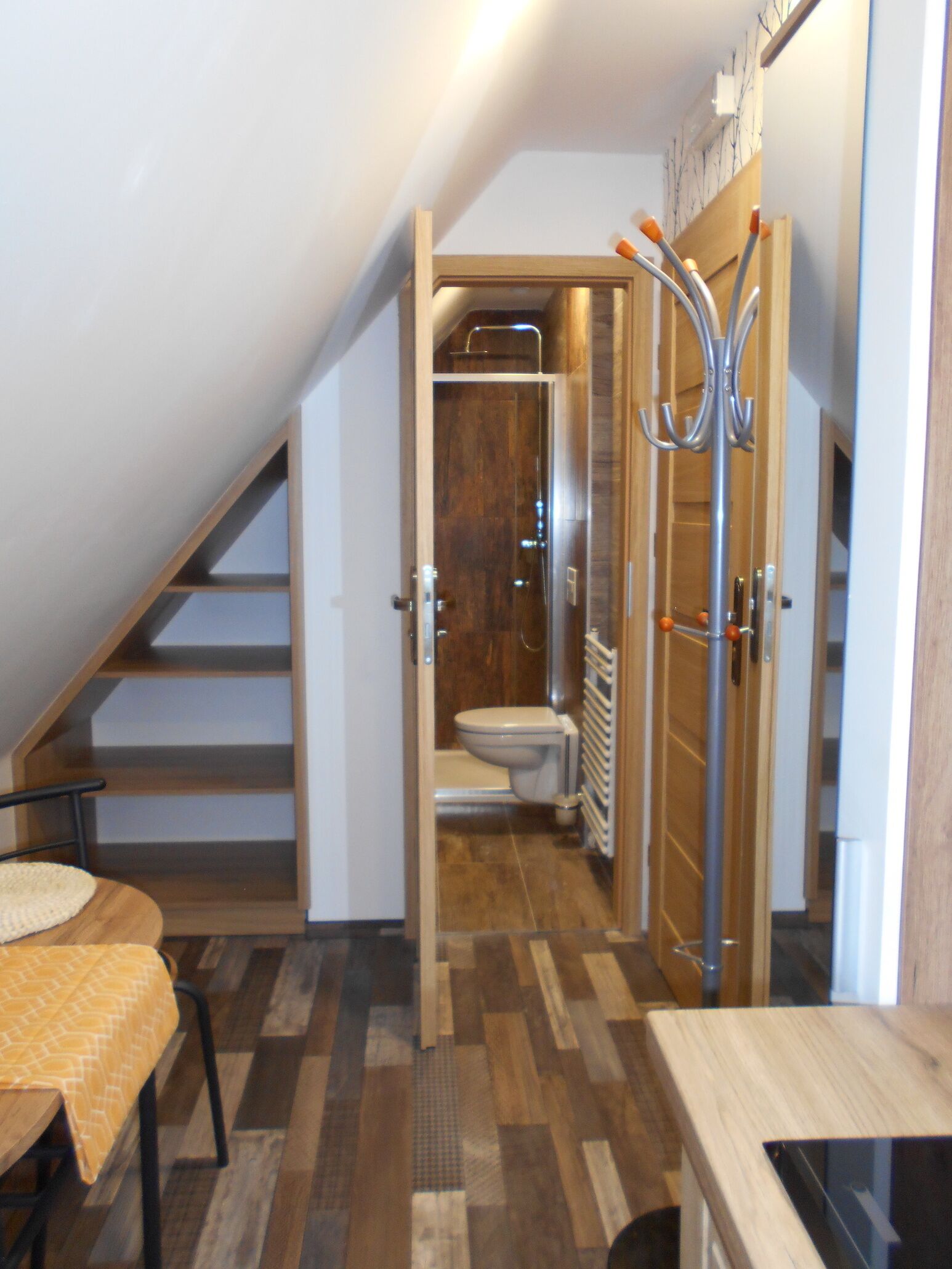 Een moderne badkamer met douche, toilet en kapstok.