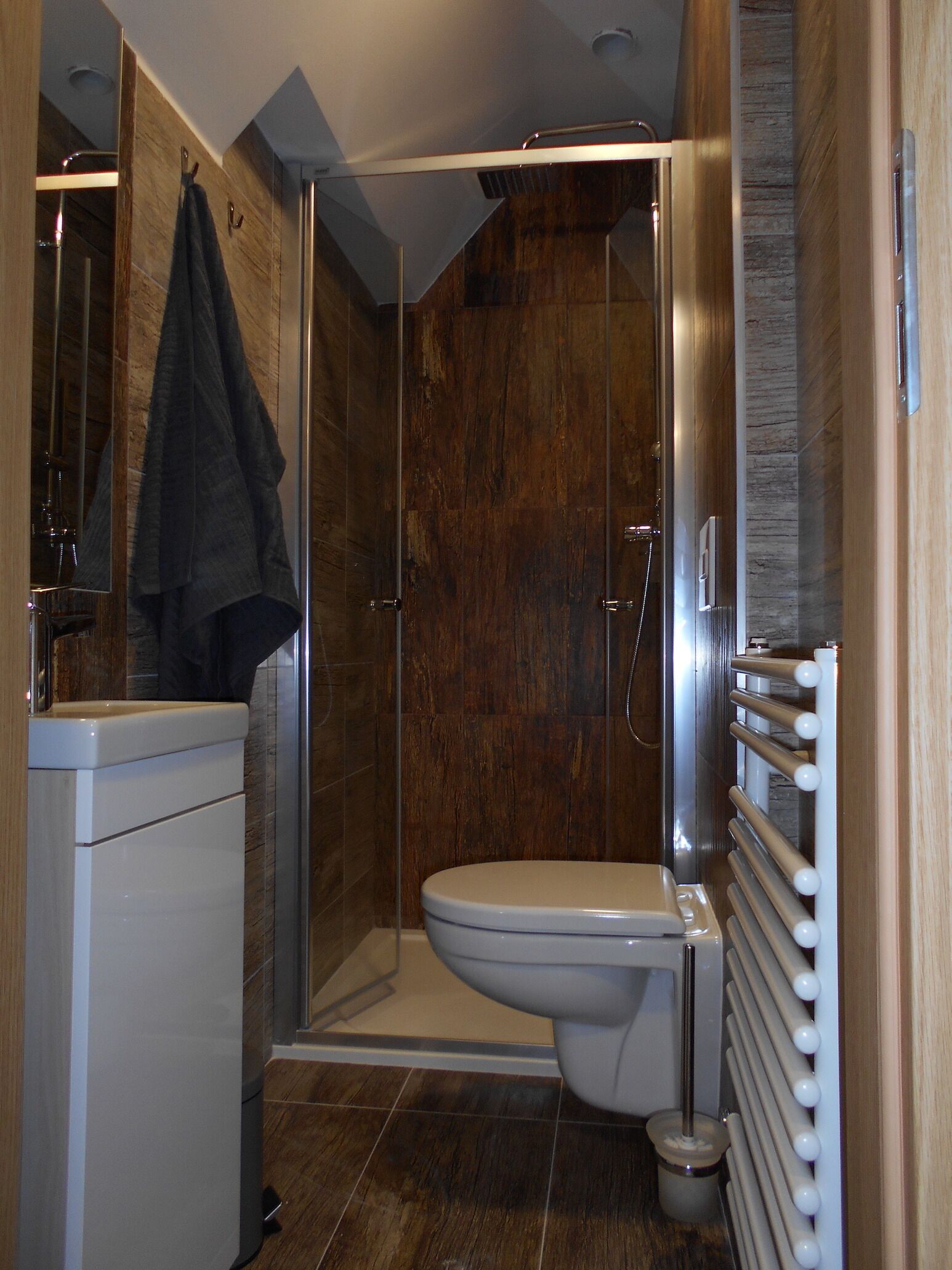 A modern bathroom with a glass-enclosed shower, a toilet, and a built-in sink.