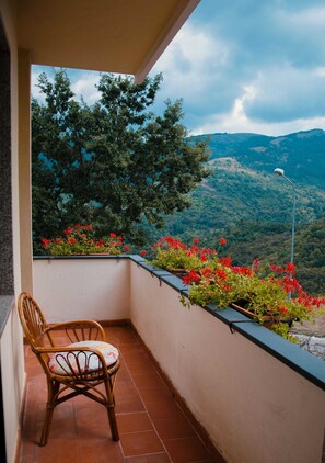 A balcony with a wicker chair, potted red flowers, and a view of green hills. - La Villa Resort Charme & Relax (Pignola)