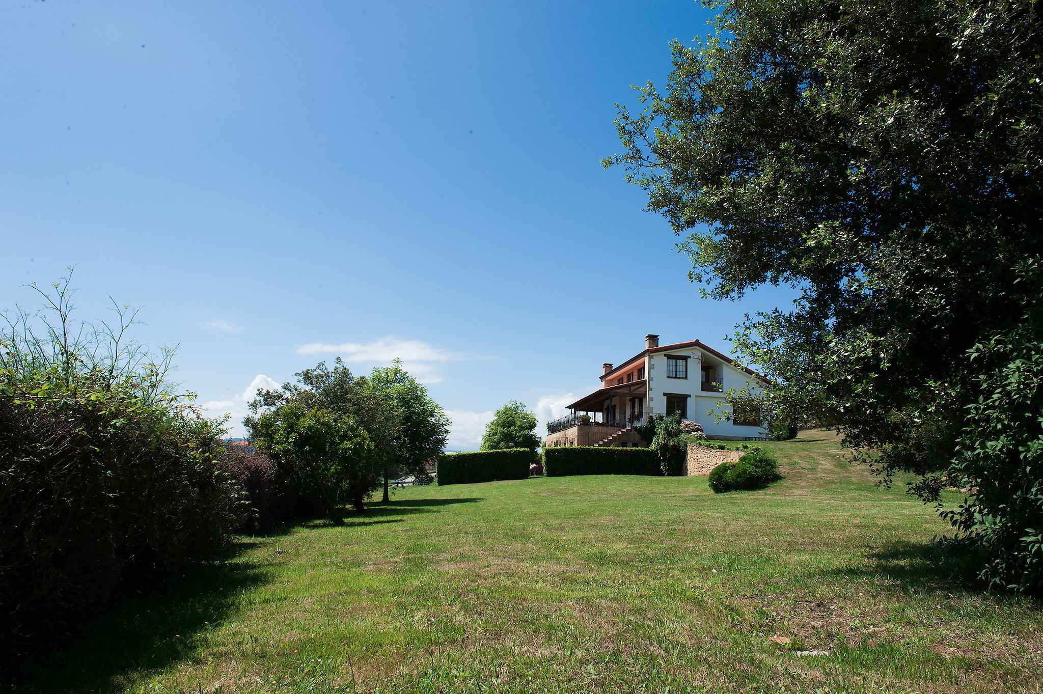 A house with a large lawn and a well-maintained garden.