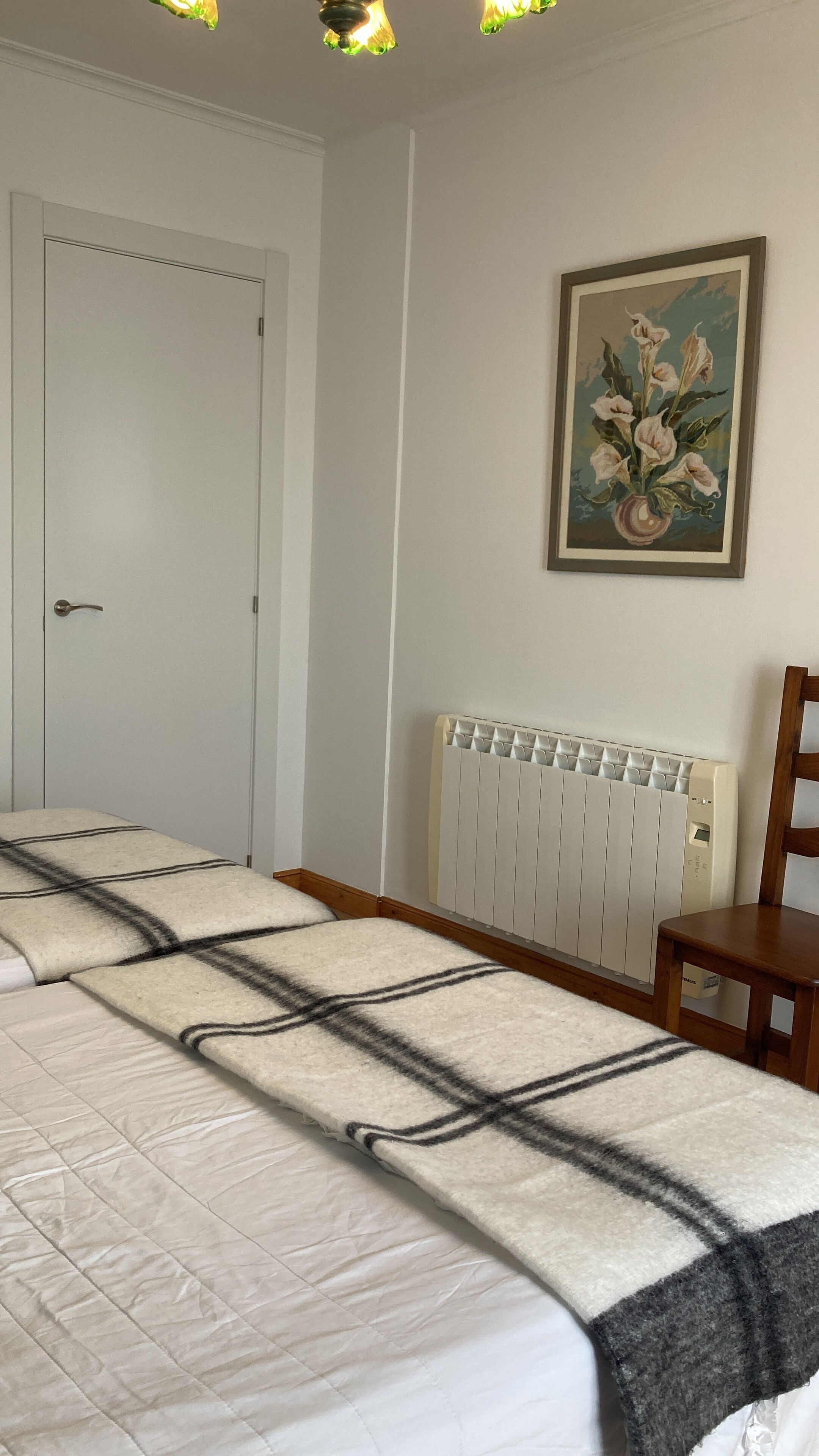Un dormitorio con una cama, un radiador, una puerta y un cuadro en la pared.