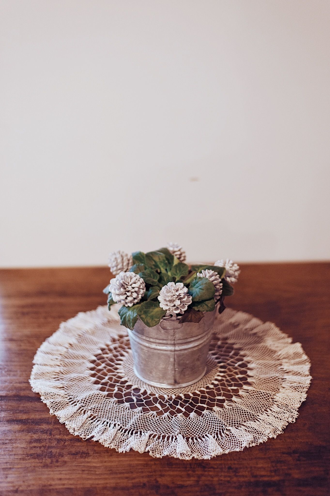 A small potted plant with white flowers on a wooden table with a lace doily.