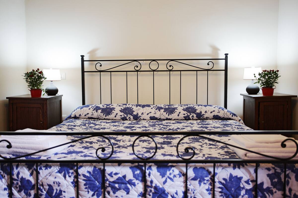 A bed with a floral-patterned bedspread, a metal headboard, and two bedside tables with lamps and potted plants.