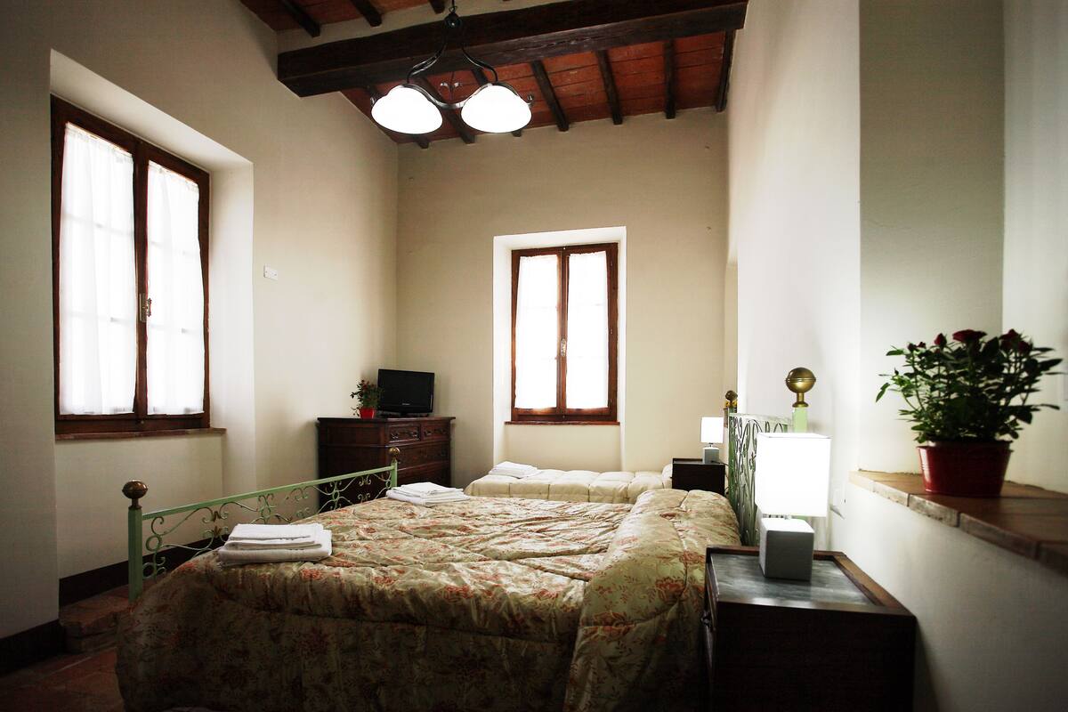A bedroom with two beds, a dresser, a television, and a potted plant.