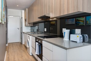 Deluxe Apartment | Private kitchen | Fridge, microwave, oven, stovetop