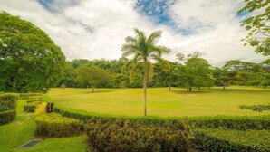 A well-maintained golf course with manicured lawns, a palm tree, and dense greenery. - Los Suenos Resort Veranda 8F (Jacó)