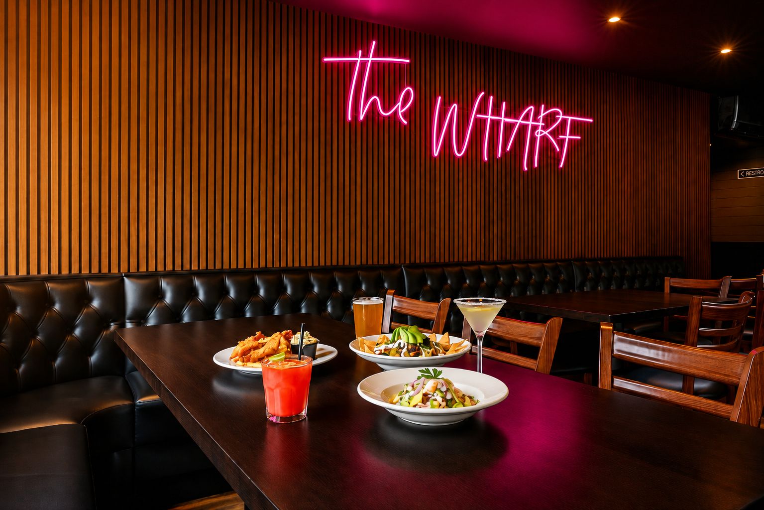 A restaurant interior with a neon sign, leather booth seating, and a table with food and drinks.