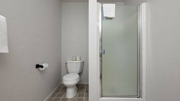 Un baño con inodoro, cabina de ducha de vidrio y un rollo de papel higiénico en la pared.