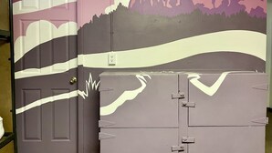 A door with a mountain landscape mural, a grey storage unit, and a door with a handle. - RAD Hostel (Colorado Springs)