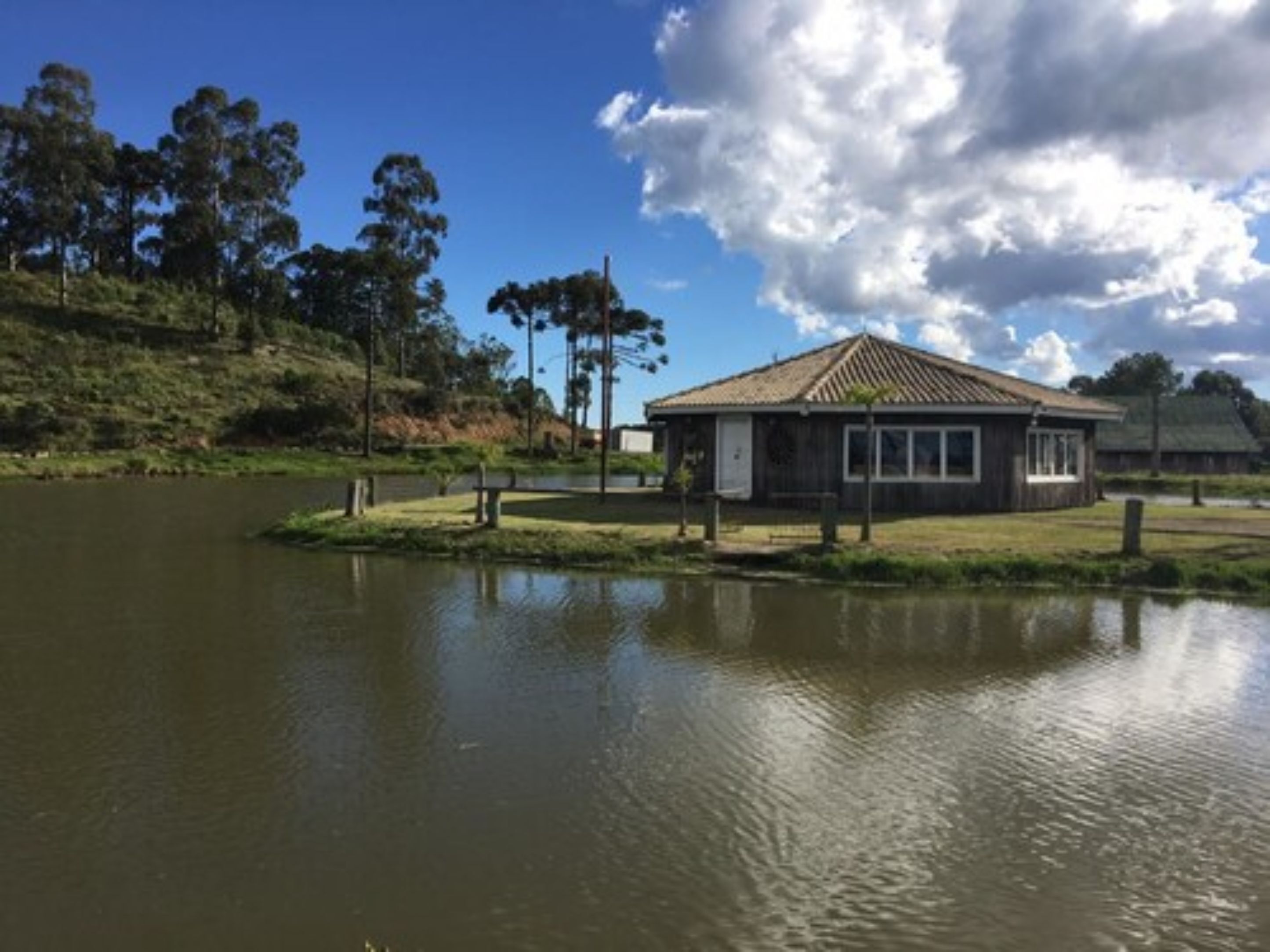 Un edificio junto al lago, de diseño sencillo y rústico, rodeado de árboles y una masa de agua tranquila.