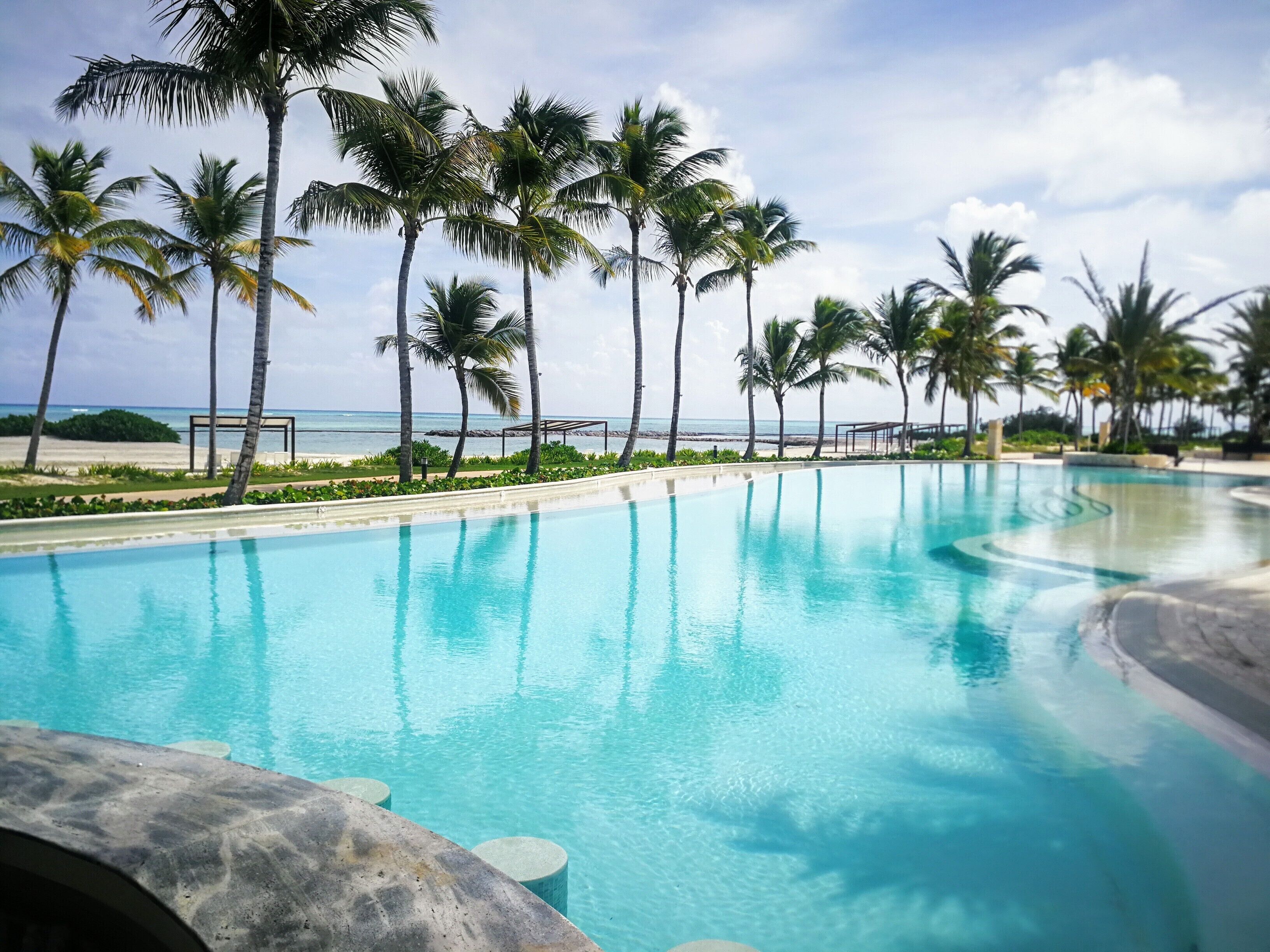 Una piscina con agua cristalina y azul, rodeada de palmeras y vista a la playa.
