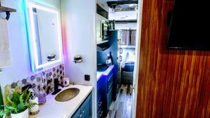 A compact, modern bathroom with a sink, mirror, and potted plants. - With Oasis Shared Backyard (St. Petersburg)