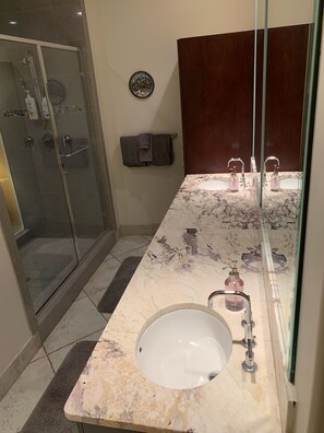 Combined shower/bathtub, hair dryer, towels, soap