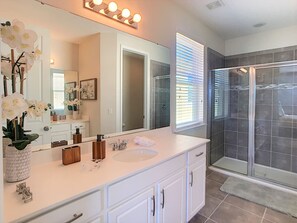 Combined shower/tub, hair dryer