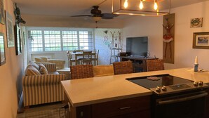 A modern kitchen with a dining area, a ceiling fan, and a TV. - St Croix vacation rental (Christiansted)