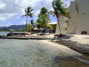 A beach with clear water, palm trees, and a building with a flat roof. - St Croix vacation rental (Christiansted)