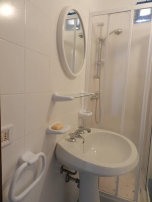 Shower, hair dryer, bidet, towels